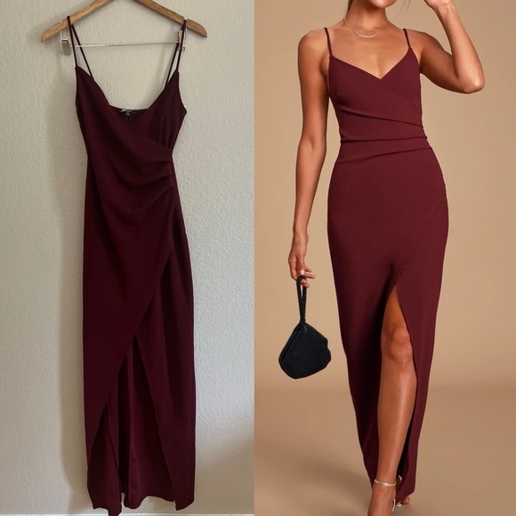 NWOT Sweetest Admirer Burgundy Ruched Surplice Maxi Dress - Picture 4 of 6